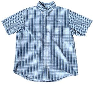 Lands' End Blue Plaid Seersucker Short-Sleeve Button-Down Shirt